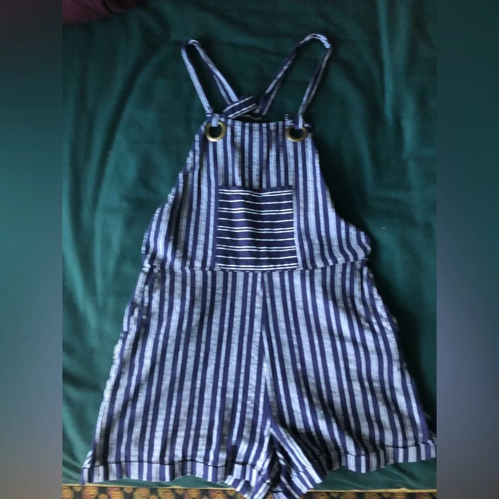 Derek Heart. This is in a size large. Black and white striped overalls. - Picture 1 of 3